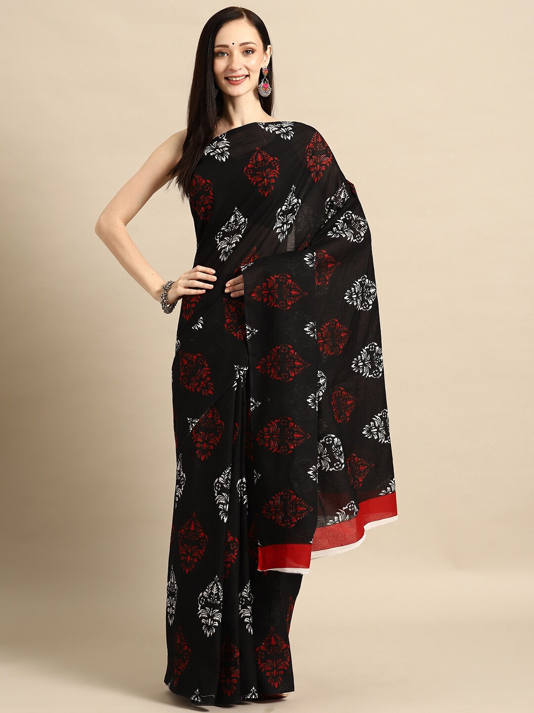 

KALINI Ethnic Motifs Printed Pure Cotton Saree, Black