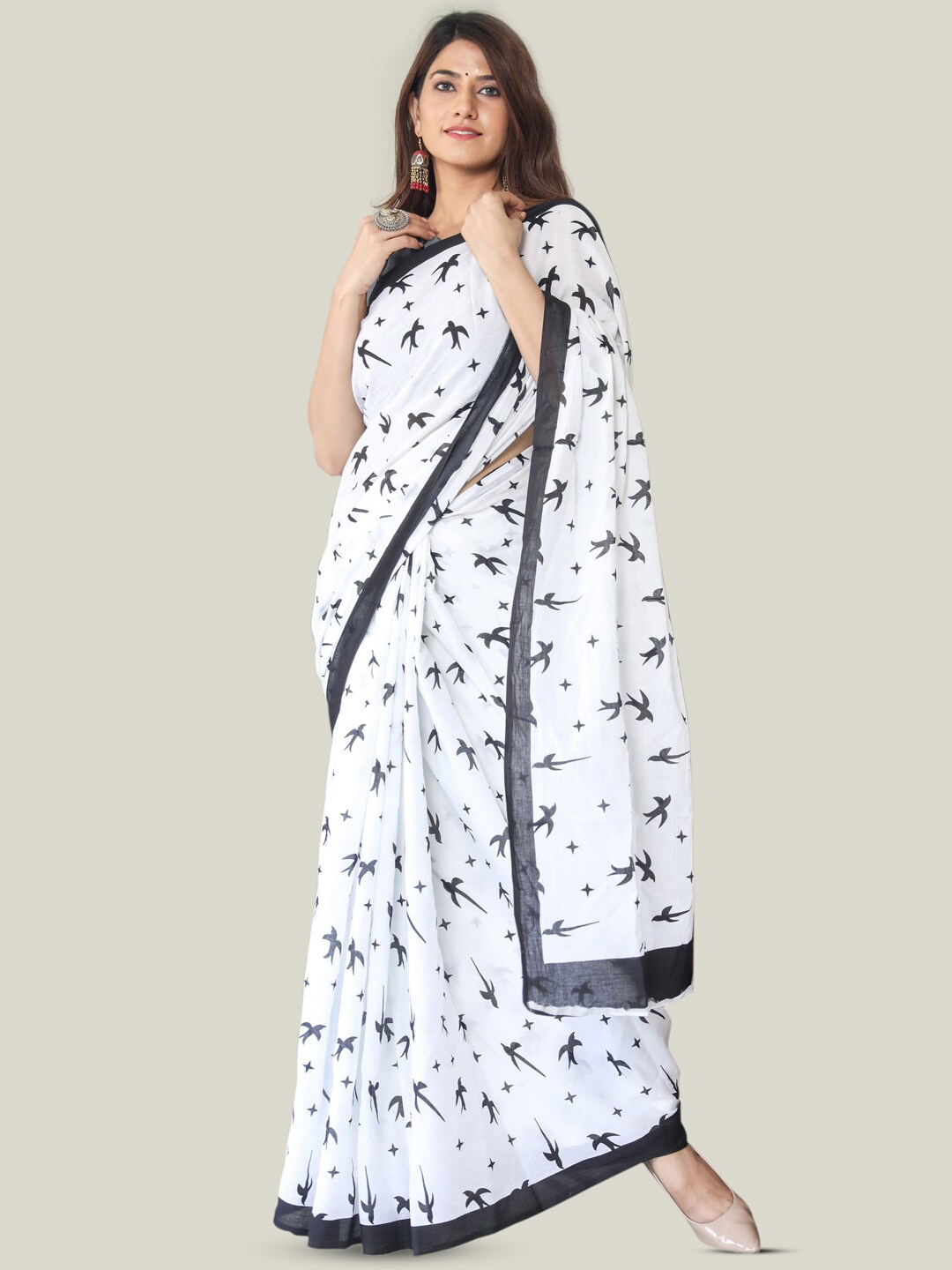 

KALINI Abstract Printed Pure Cotton Saree, White