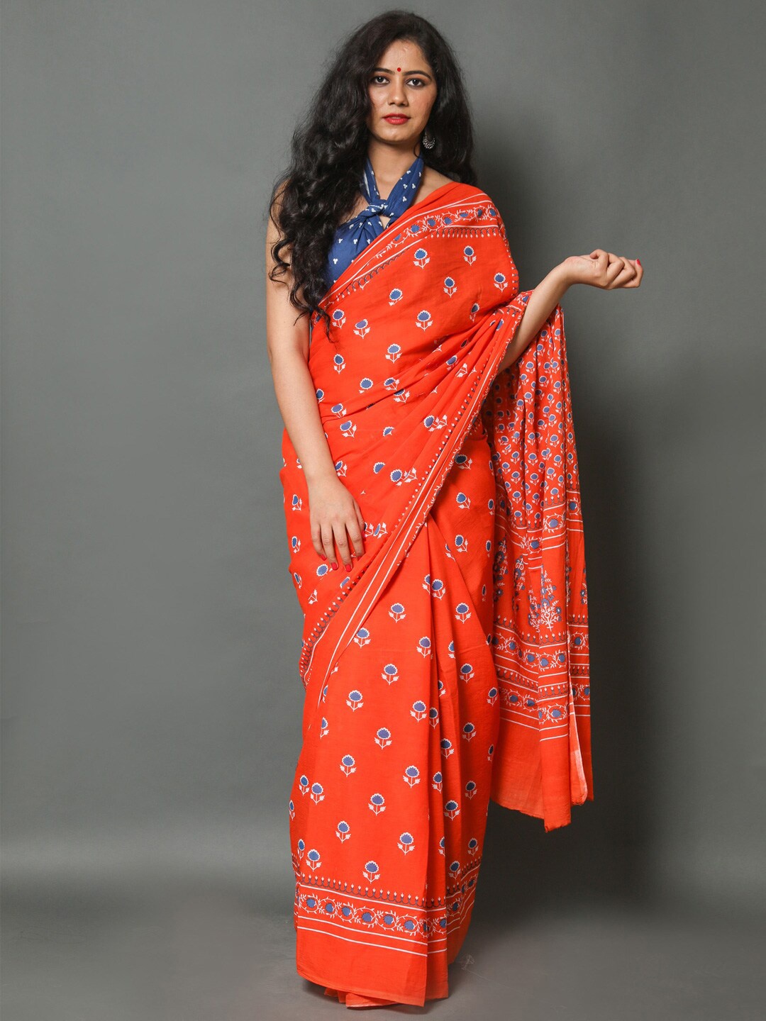 

KALINI Ethnic Motifs Printed Pure Cotton Saree, Orange