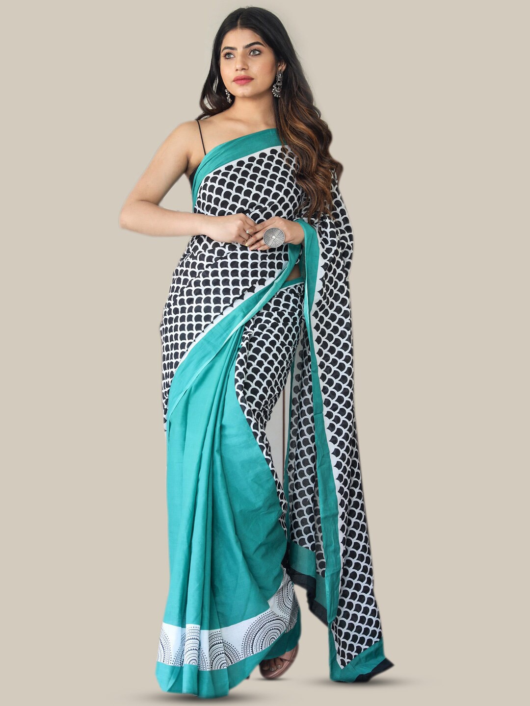 

KALINI Checked Pure Cotton Saree, Teal