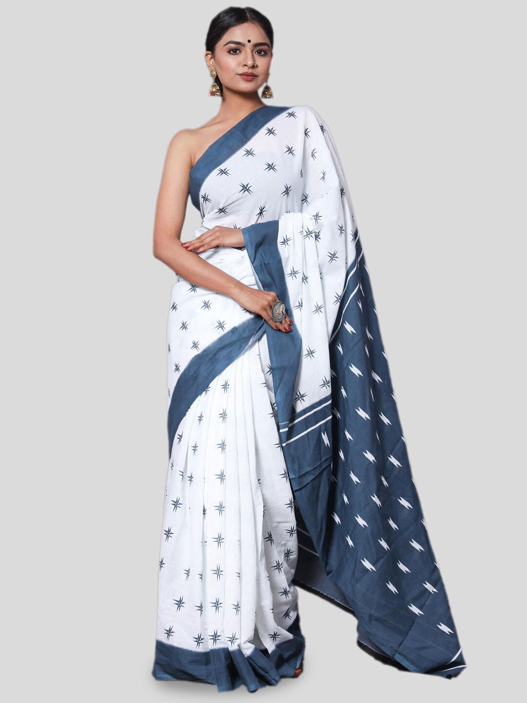 KALINI Abstract Printed Pure Cotton Saree, Navy blue