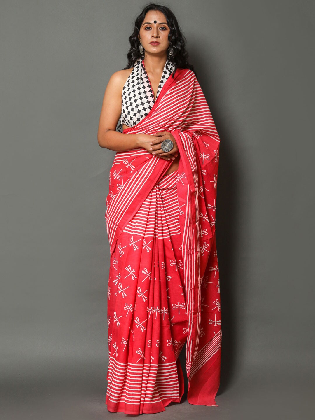 

KALINI Ethnic Motifs Printed Pure Cotton Saree, Red