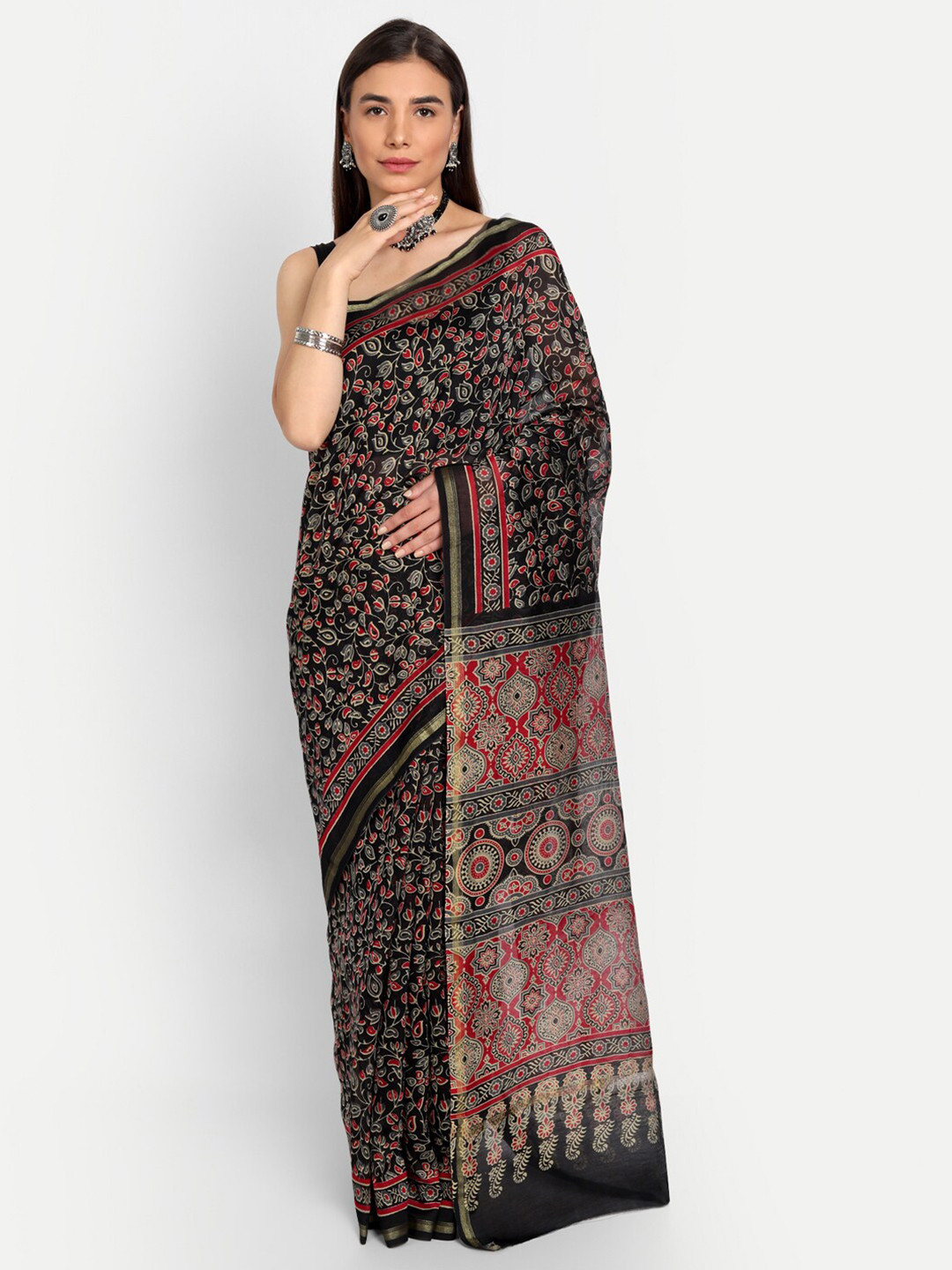 

KALINI Floral Printed Zari Pure Cotton Saree, Red