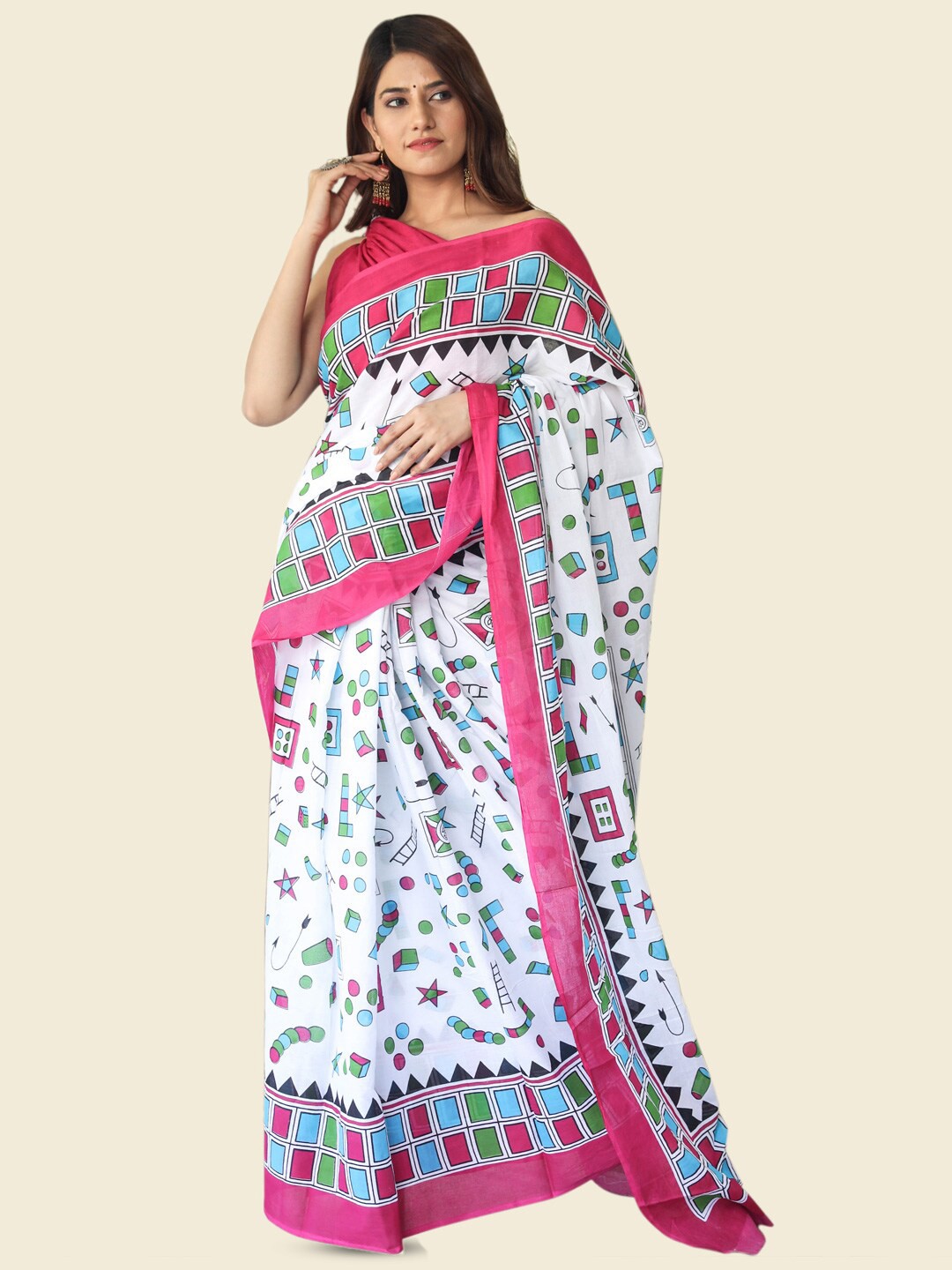 

KALINI Abstract Printed Pure Cotton Saree, White