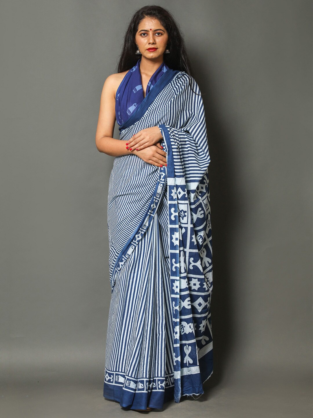 

KALINI Striped Pure Cotton Saree, Navy blue