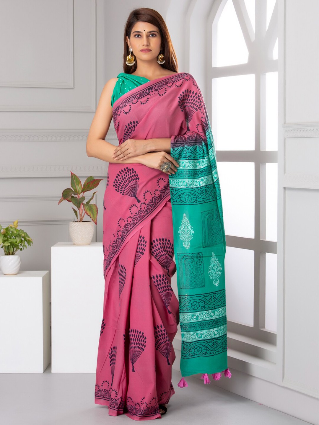 

KALINI Ethnic Motifs Printed Pure Cotton Saree, Pink