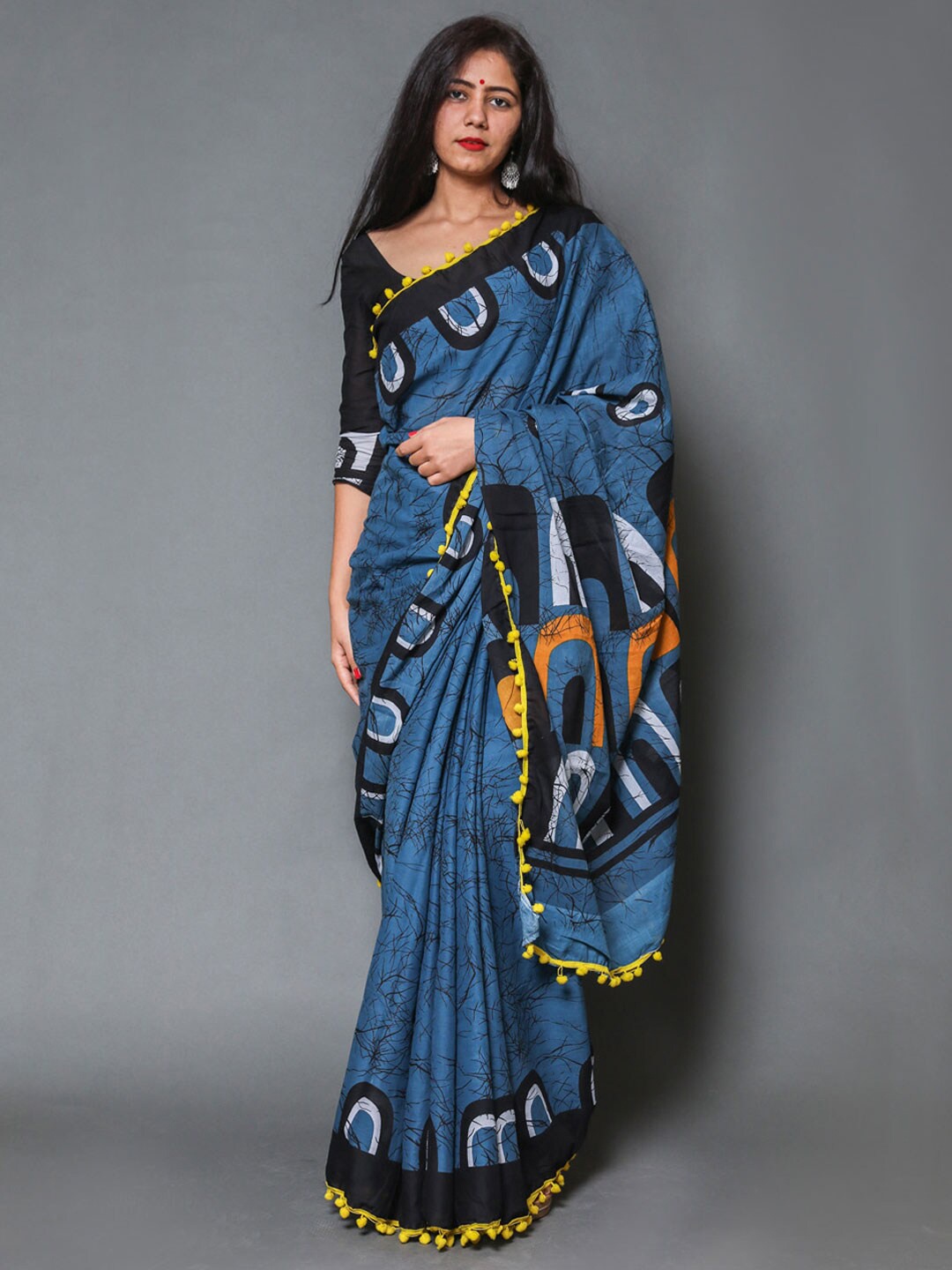 

KALINI Geometric Printed Pure Cotton Saree, Blue