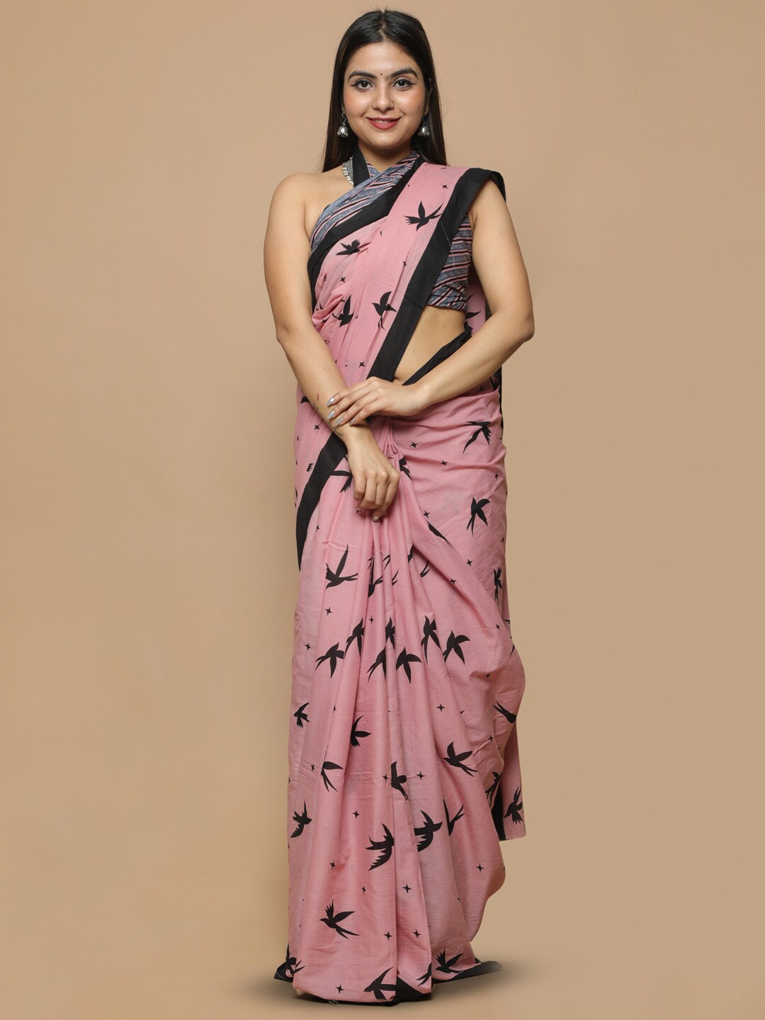 

KALINI Geometric Printed Pure Cotton Saree, Pink