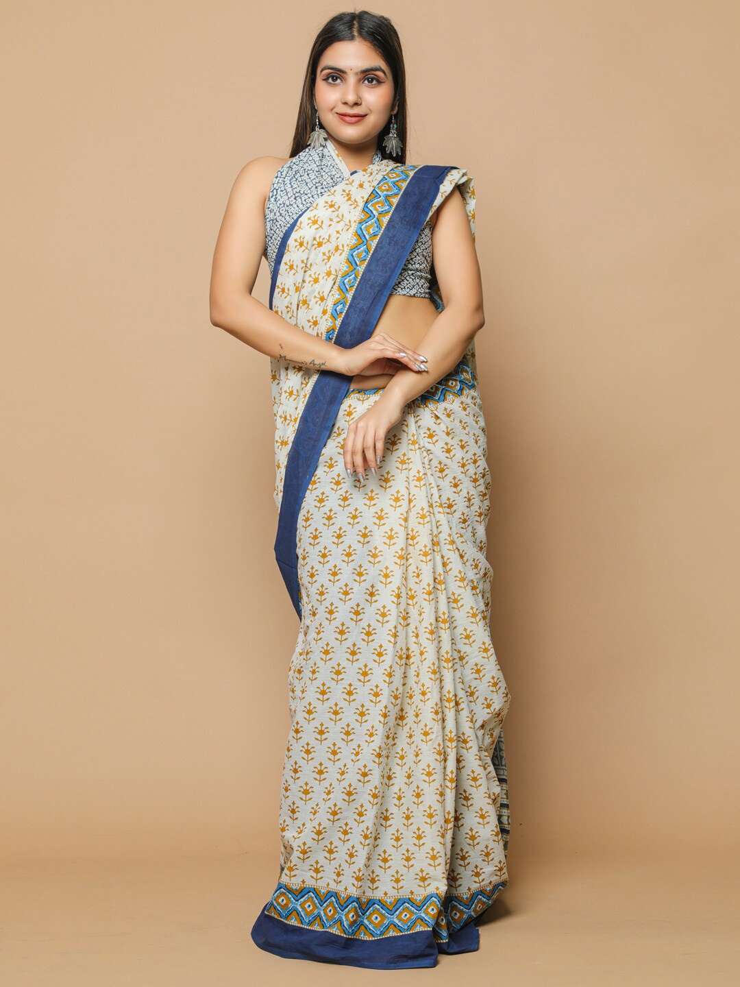 

KALINI Ethnic Motifs Printed Pure Cotton Saree, Mustard