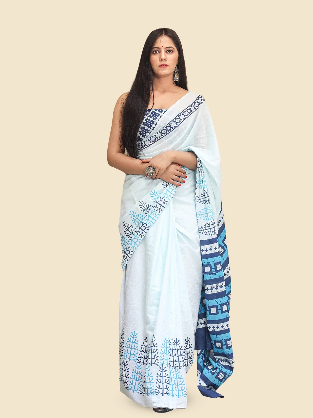 

KALINI Ethnic Motifs Printed Pure Cotton Saree, White