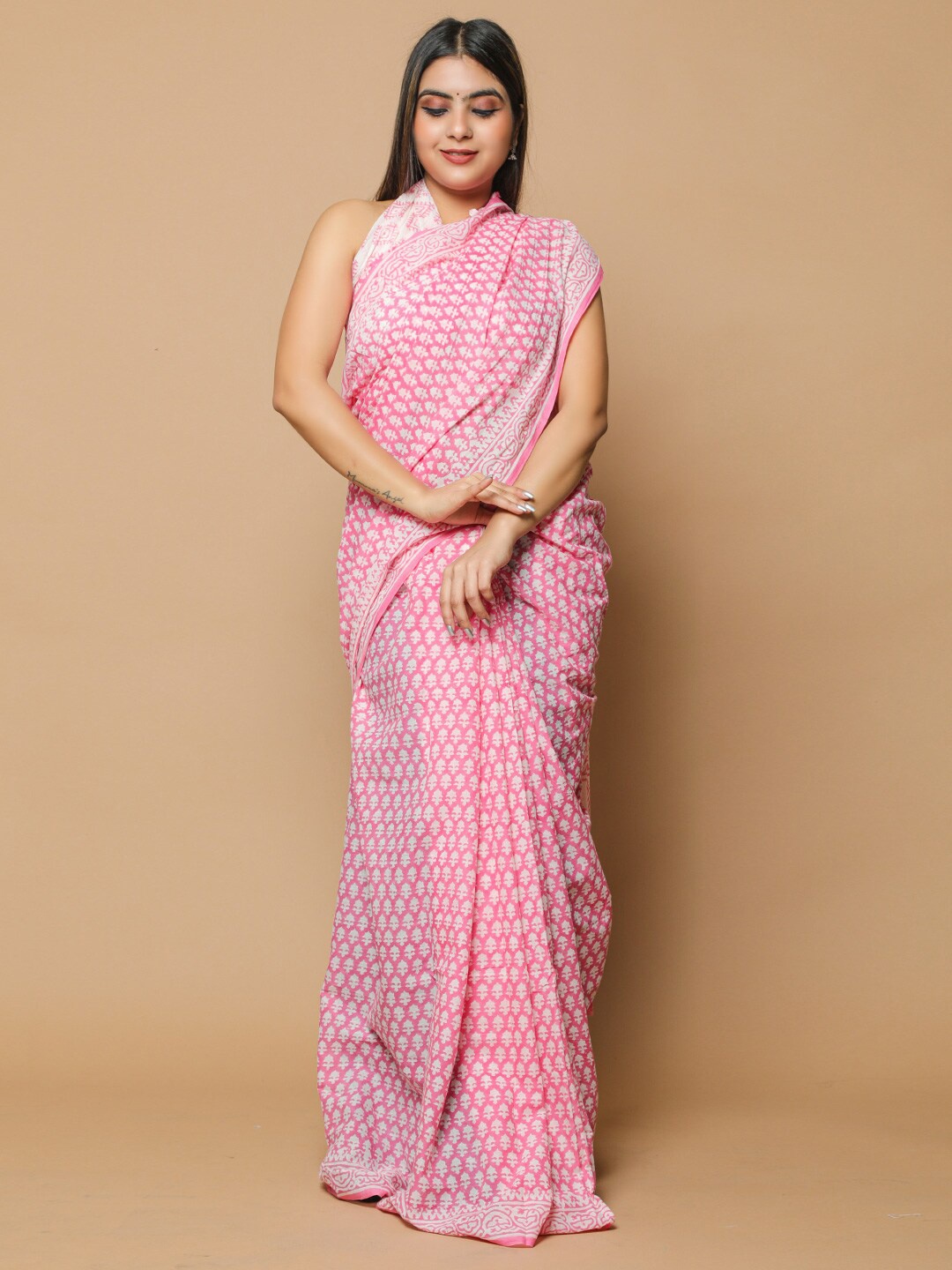 

KALINI Floral Printed Pure Cotton Saree, Pink