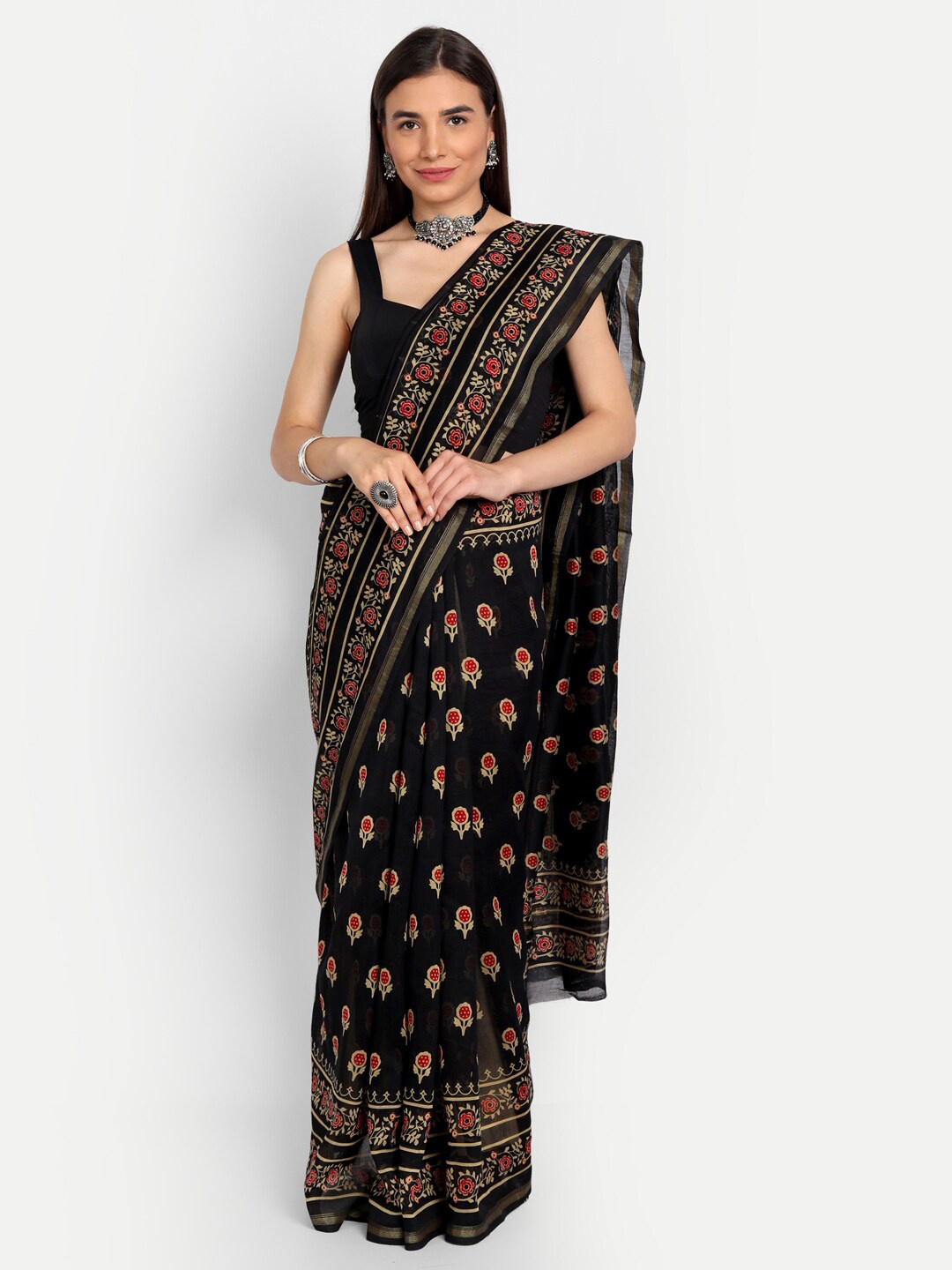 

KALINI Floral Printed Pure Cotton Saree, Black