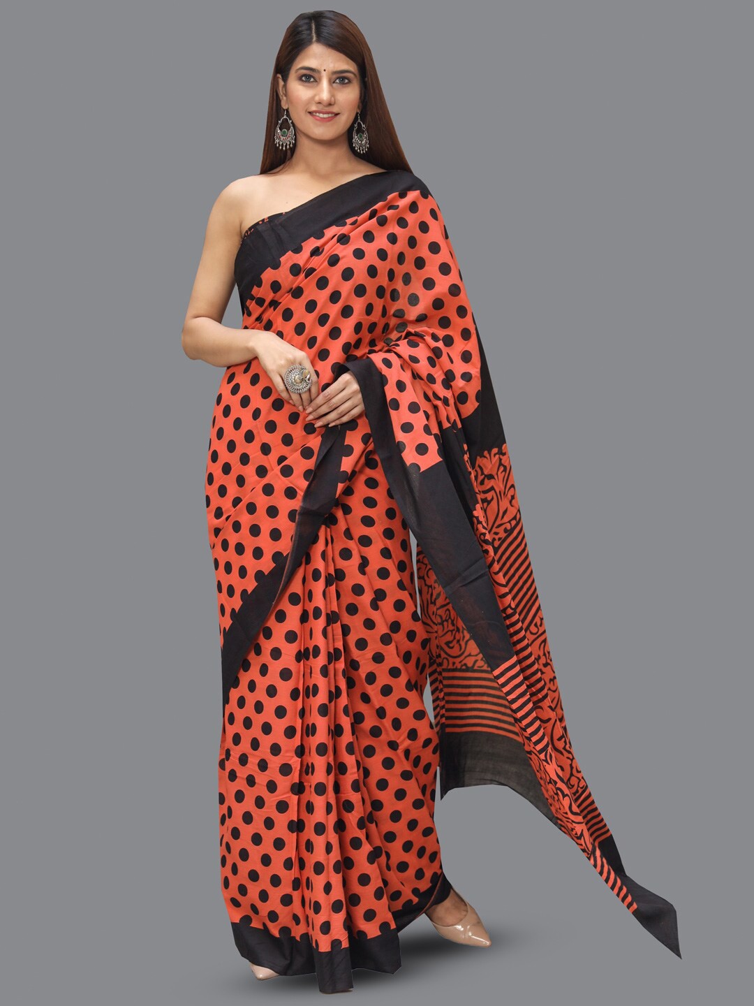 

KALINI Polka Dot Printed Pure Cotton Saree, Peach