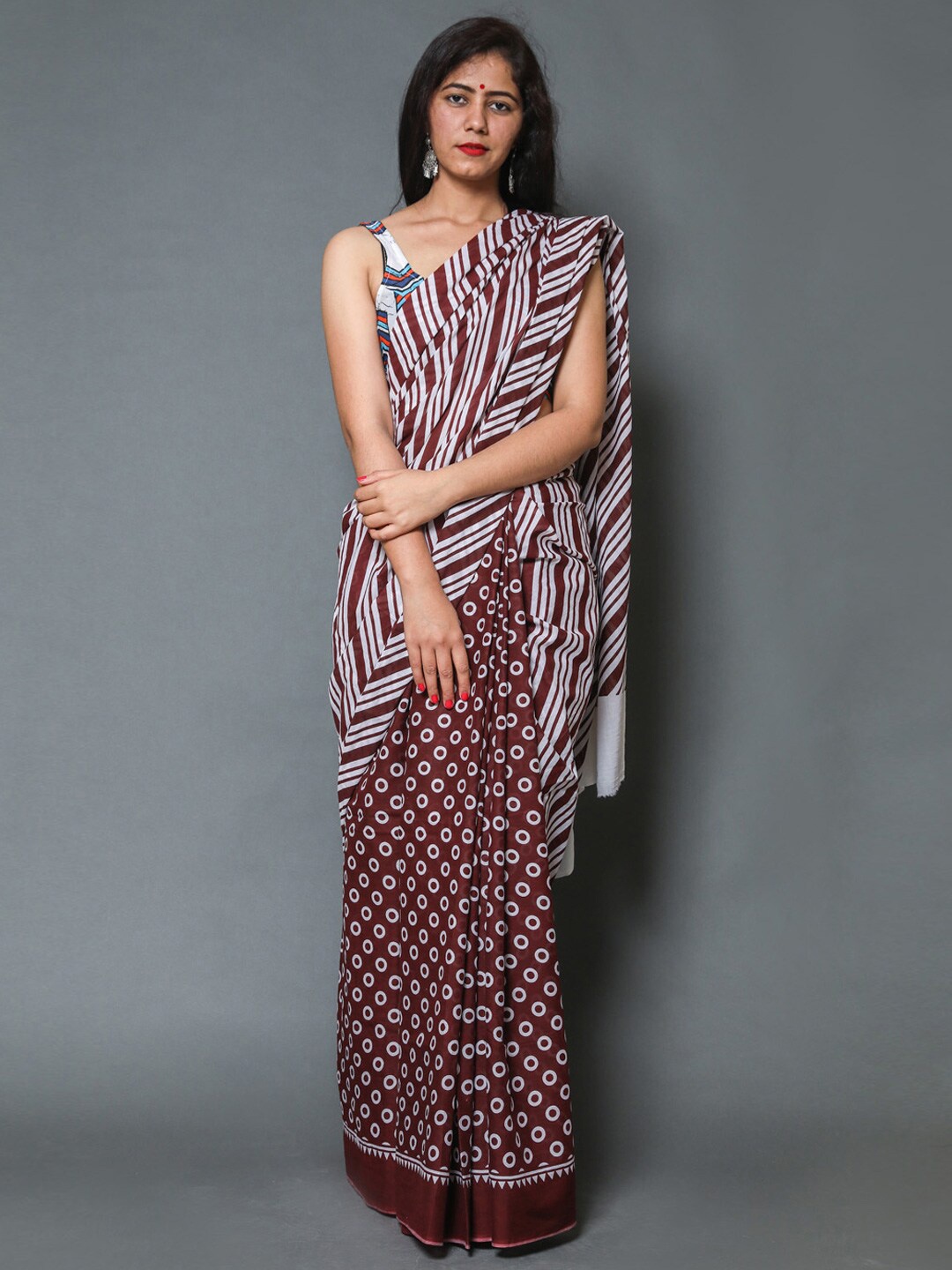 

KALINI Striped Pure Cotton Saree, Maroon