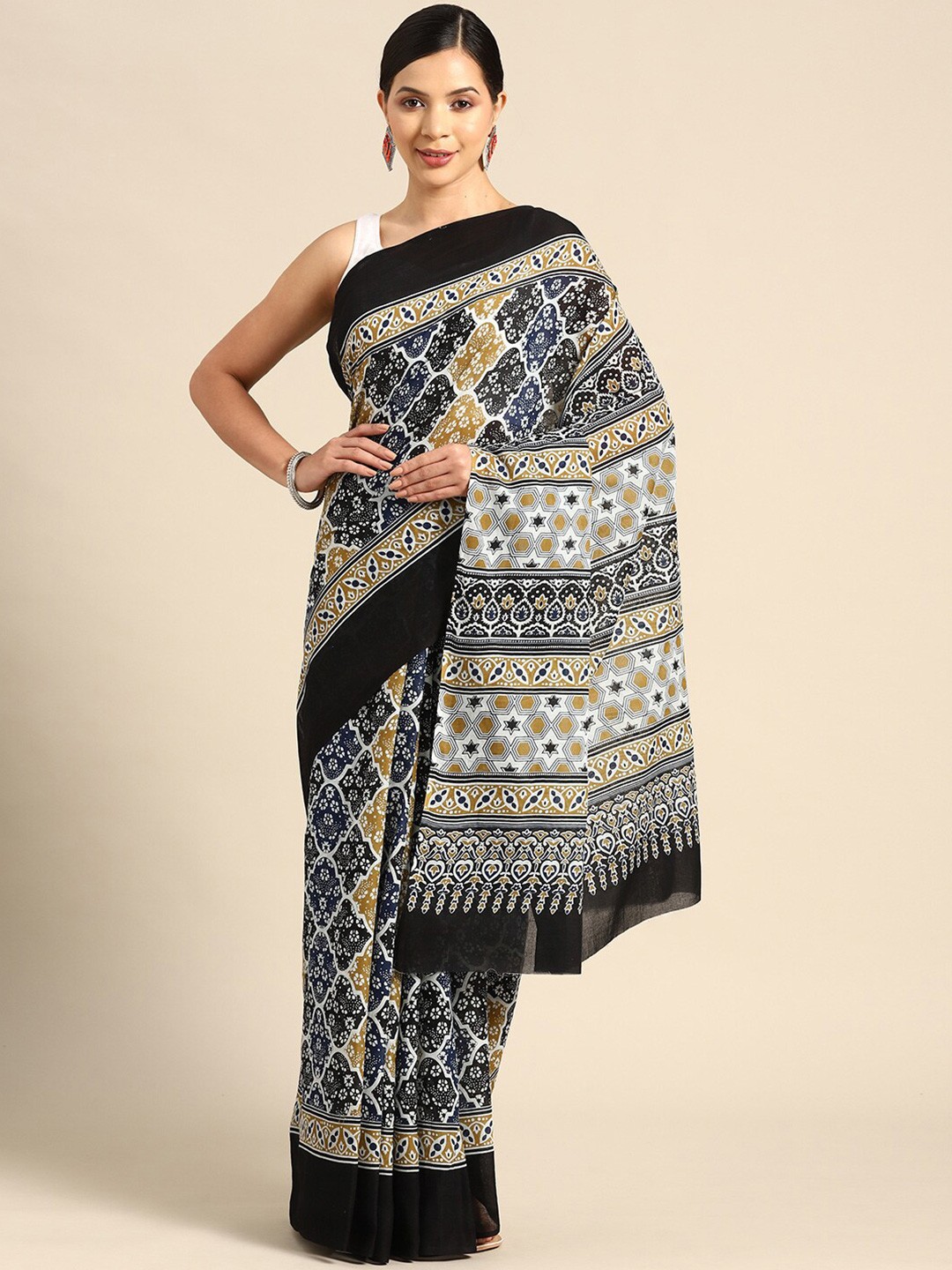 

KALINI Ethnic Motifs Printed Pure Cotton Saree, Black