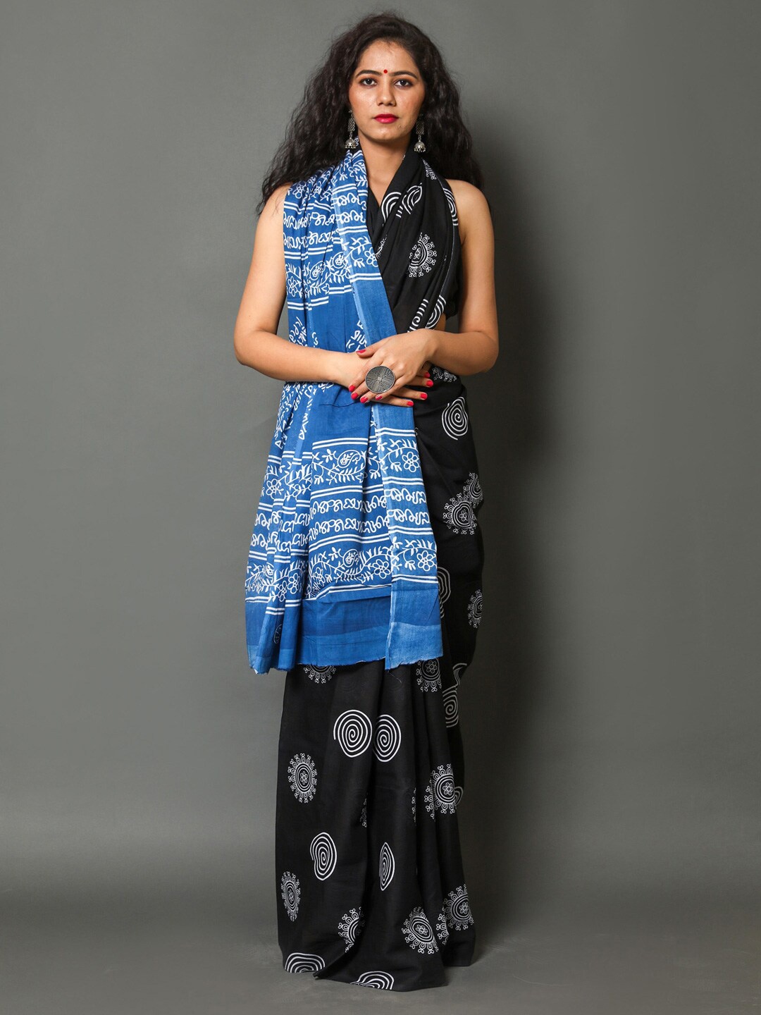 

KALINI Ethnic Motifs Printed Pure Cotton Saree, Black