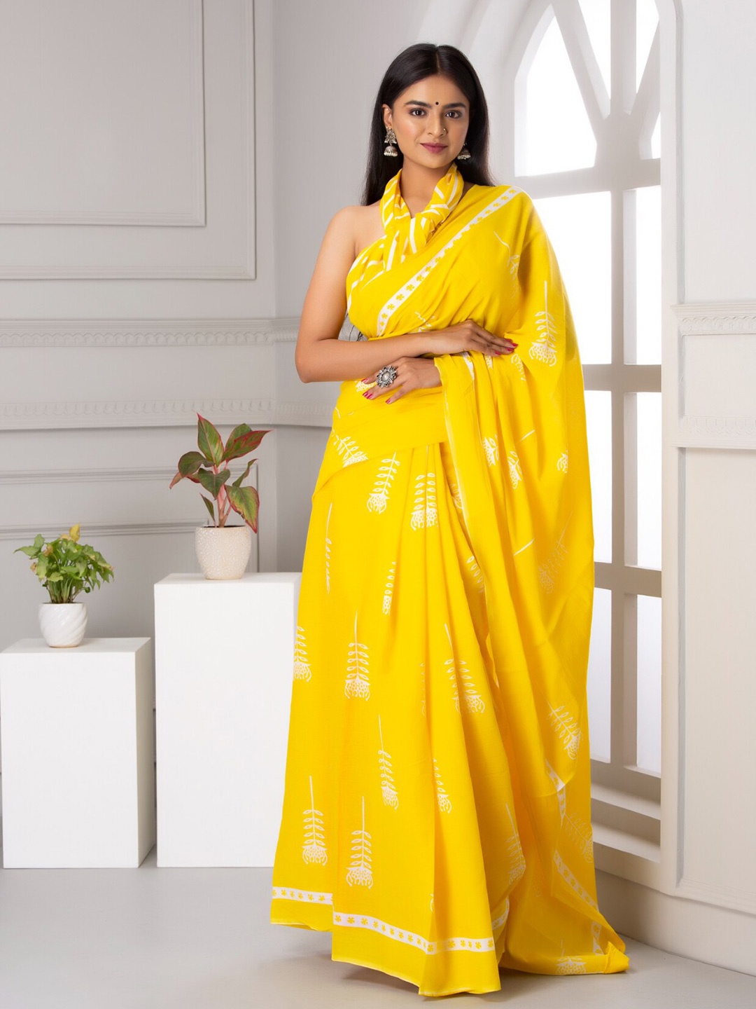 

KALINI Ethnic Motifs Printed Pure Cotton Saree, Yellow