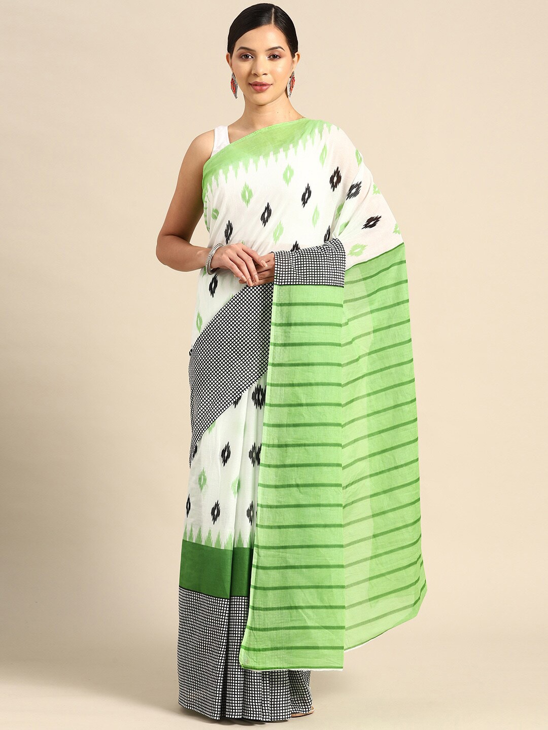 

KALINI Geometric Printed Pure Cotton Saree, Green