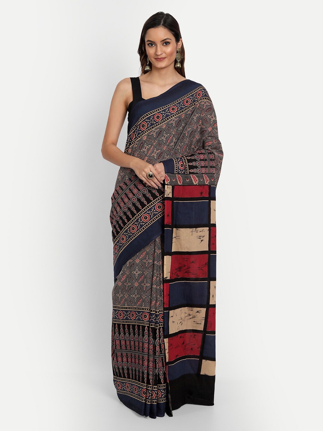 

KALINI Ethnic Motifs Printed Pure Cotton Saree, Navy blue