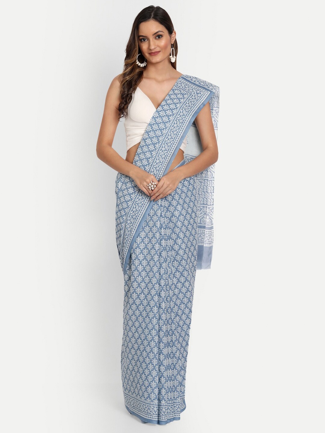 KALINI Ethnic Motifs Printed Pure Cotton Saree, Blue