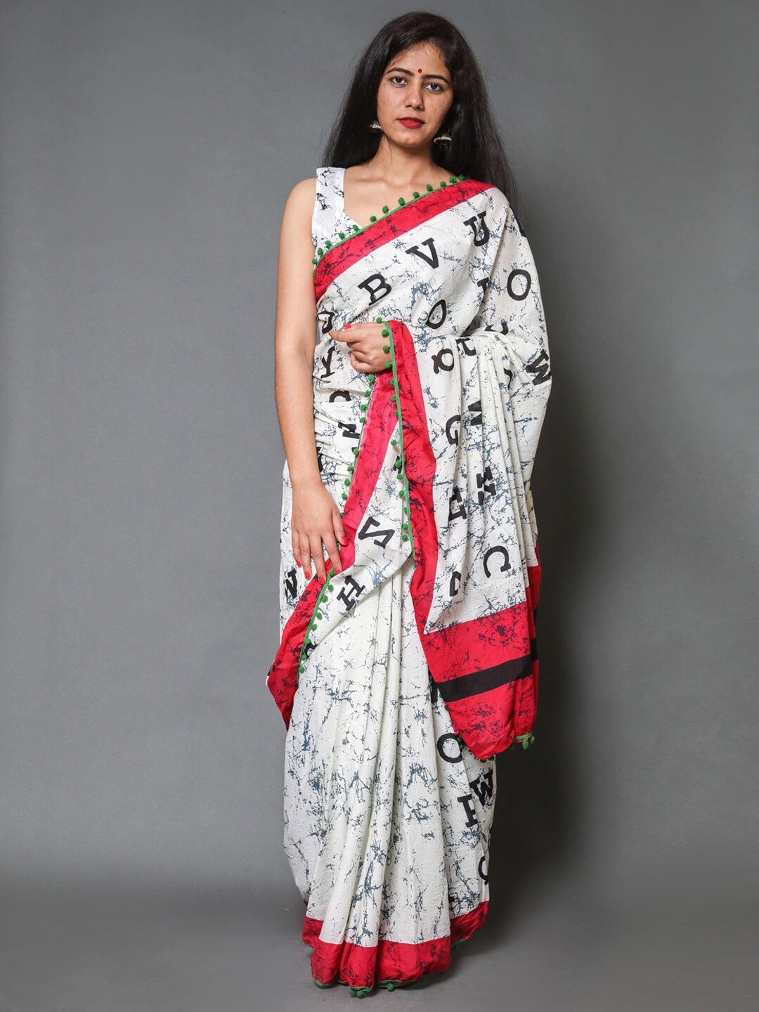 

KALINI Typography Printed Pure Cotton Saree, Cream