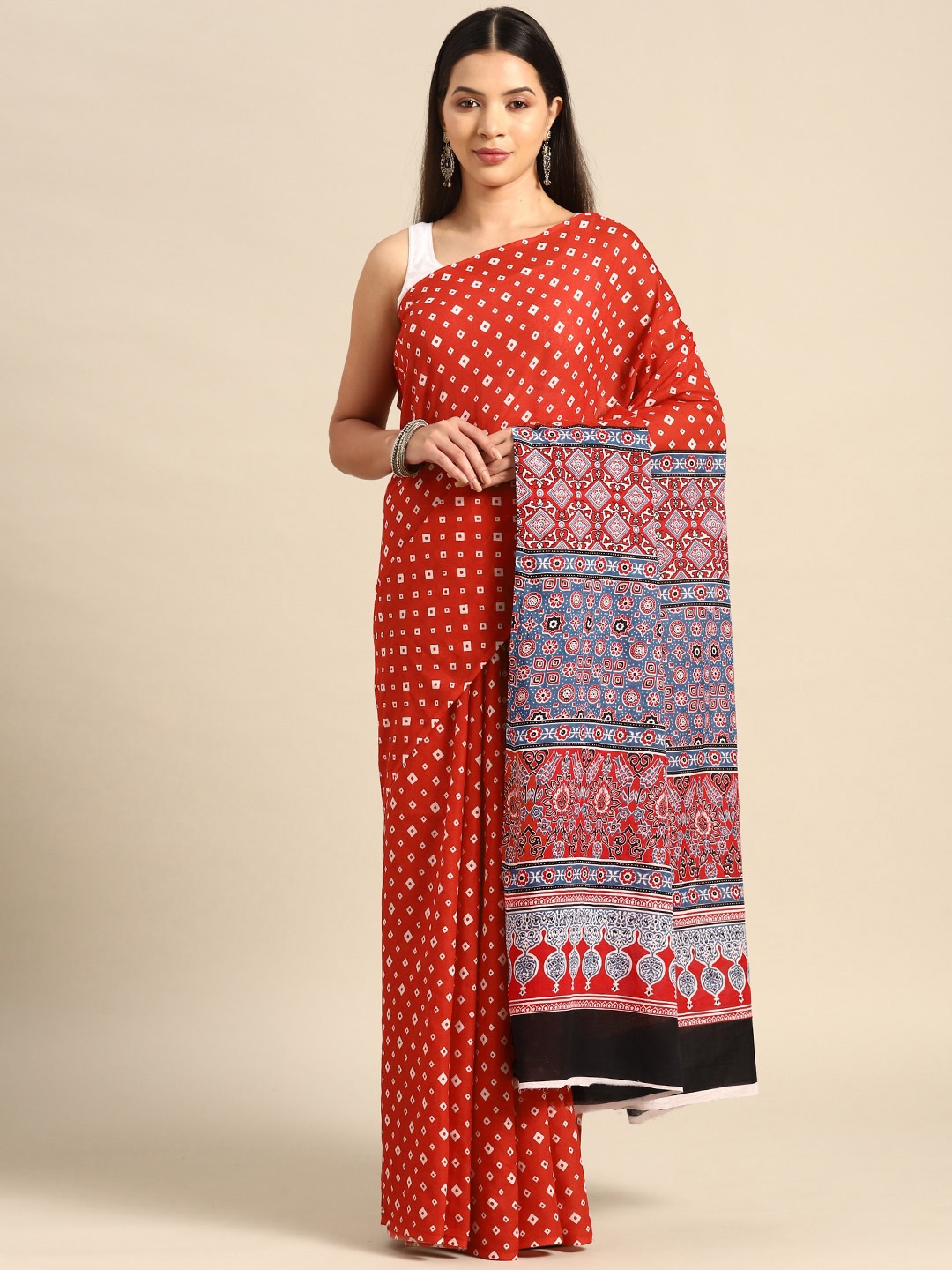 

KALINI Geometric Printed Pure Cotton Saree, Red