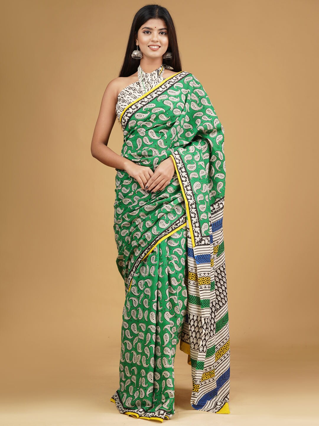 

KALINI Ethnic Motifs Printed Pure Cotton Saree, Green