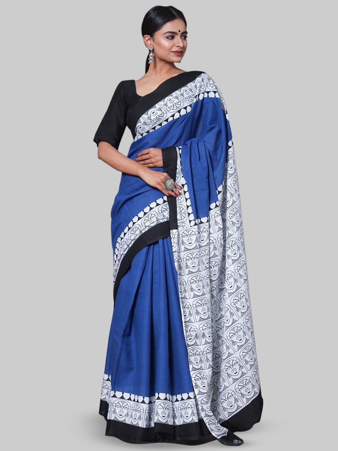 

KALINI Ethnic Motifs Printed Pure Cotton Saree, Blue