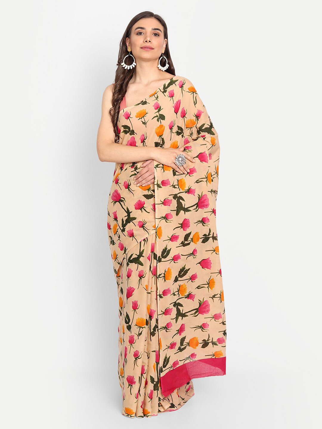 

KALINI Floral Printed Pure Cotton Saree, Beige
