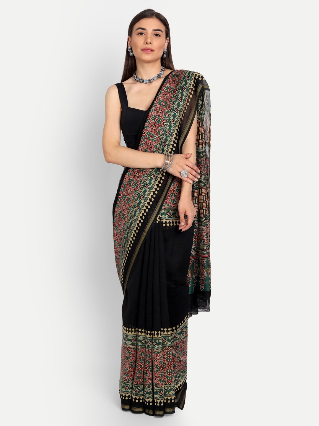 

KALINI Ethnic Motifs Printed Pure Cotton Saree, Black