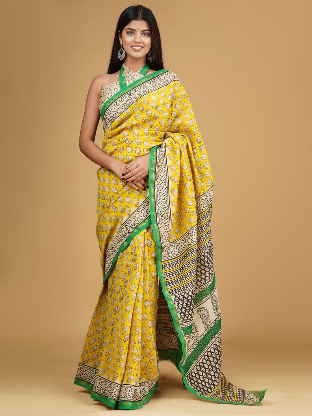 

KALINI Ethnic Motifs Printed Pure Cotton Saree, Yellow