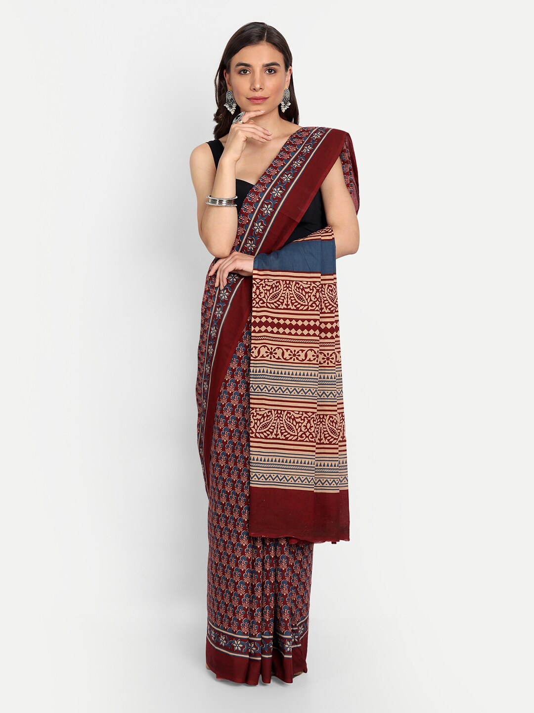 

KALINI Ethnic Motifs Printed Pure Cotton Saree, Navy blue