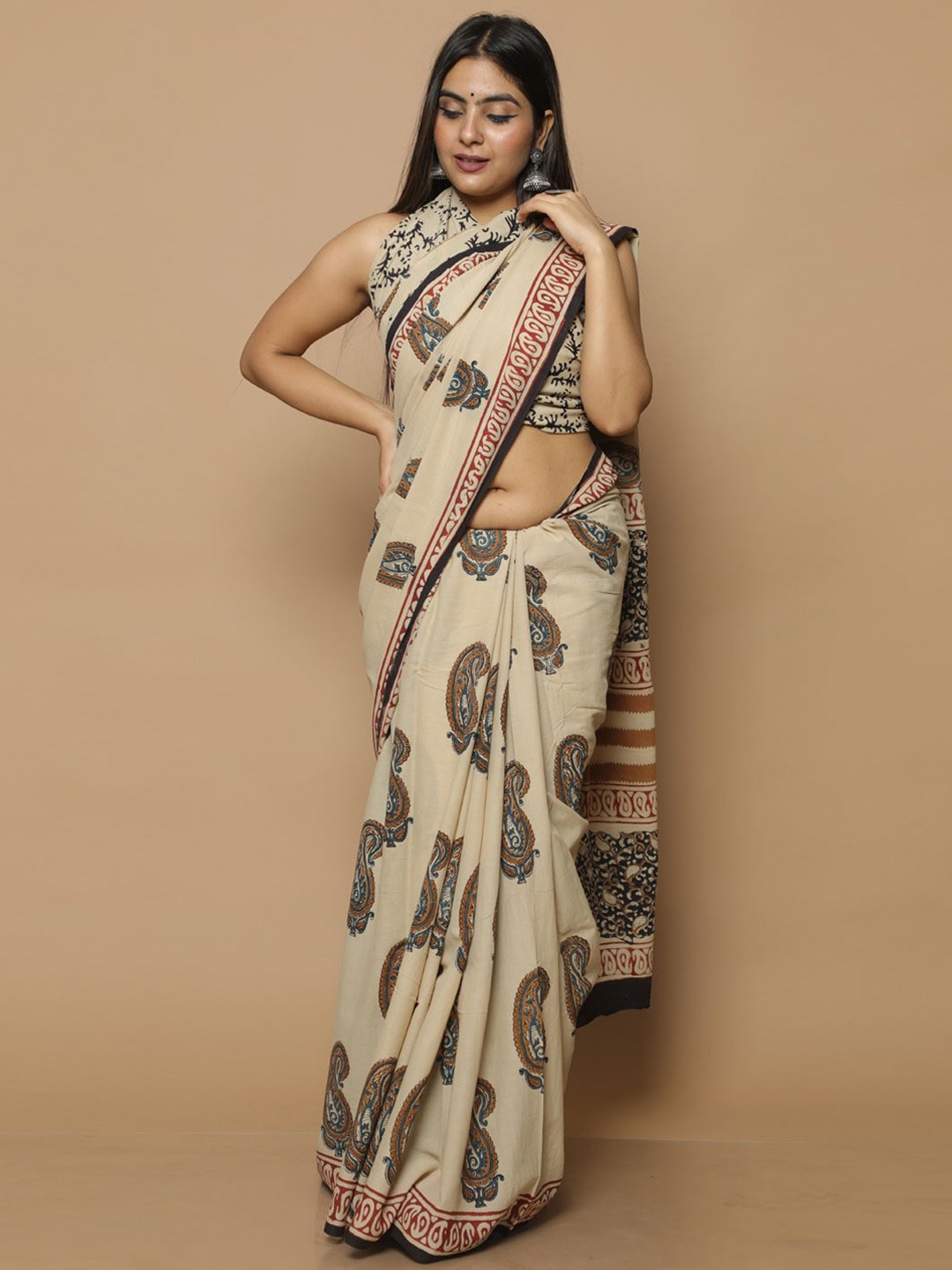 

KALINI Ethnic Motifs Printed Pure Cotton Saree, Beige