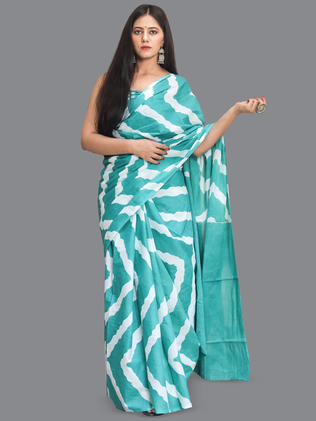 

KALINI Striped Pure Cotton Saree, Turquoise blue