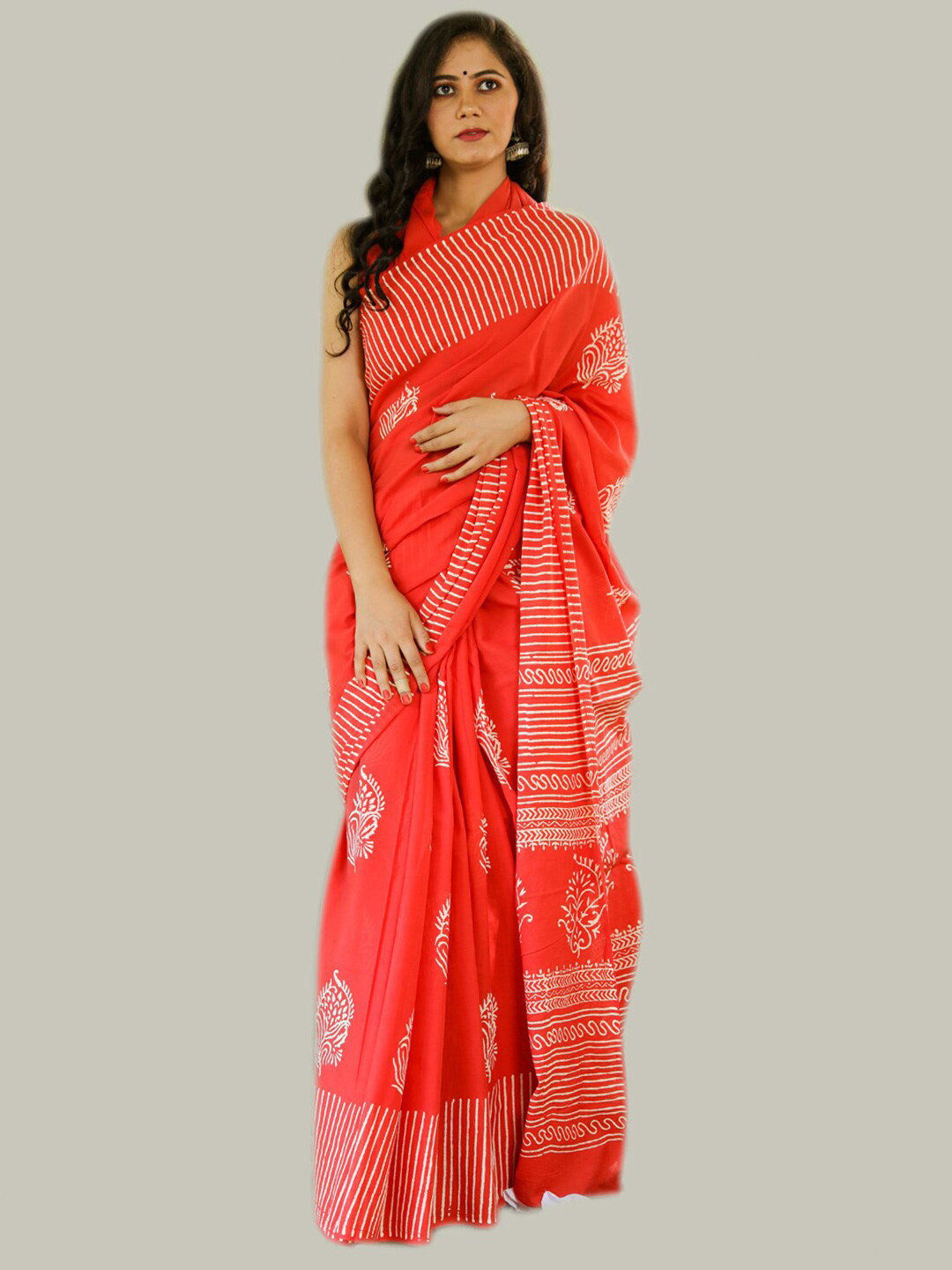 

KALINI Ethnic Motifs Printed Pure Cotton Saree, Red