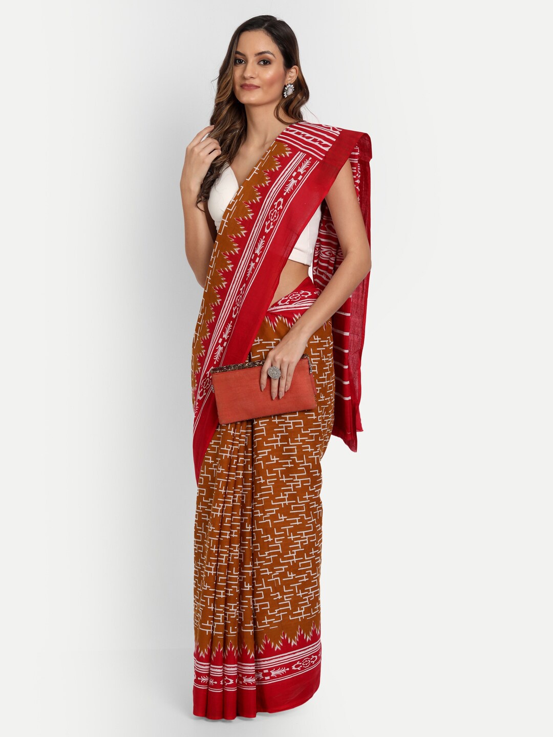 

KALINI Ethnic Motifs Printed Pure Cotton Saree, Rust