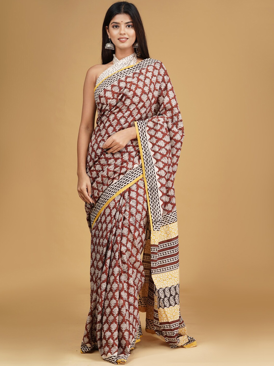 

KALINI Ethnic Motifs Printed Pure Cotton Saree, Rust