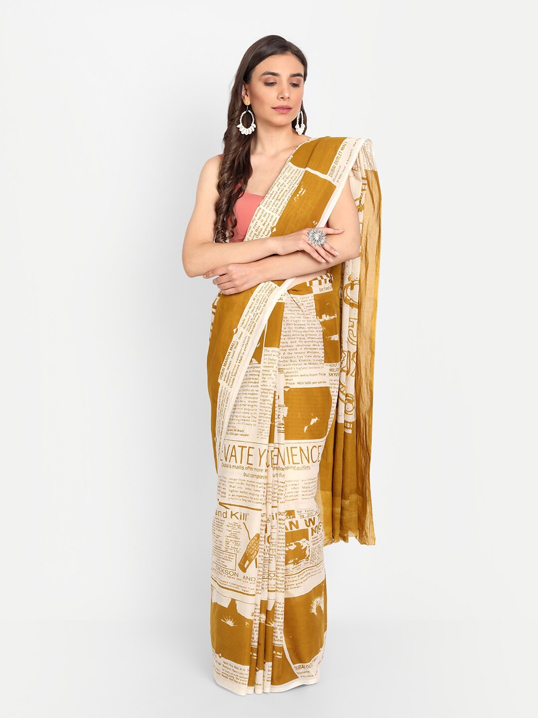 

KALINI Typography Printed Pure Cotton Saree, Mustard