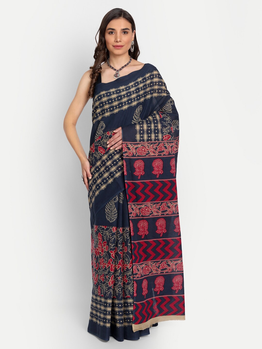 

KALINI Floral Printed Pure Cotton Saree, Navy blue