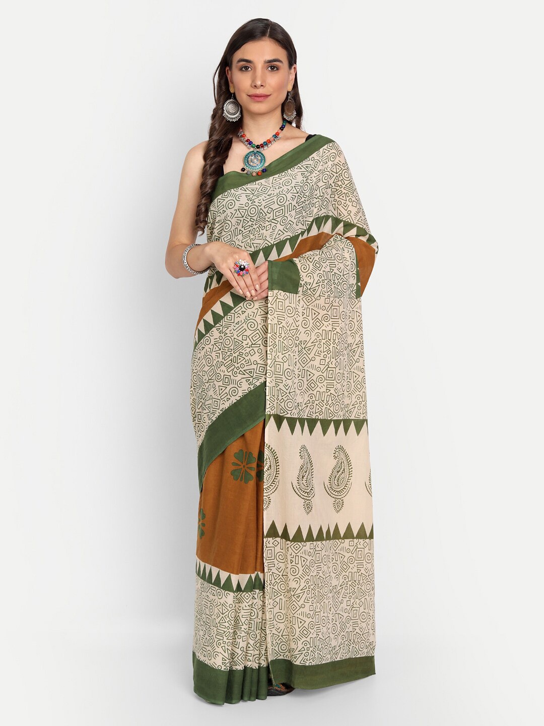 

KALINI Geometric Printed Pure Cotton Saree, Off white