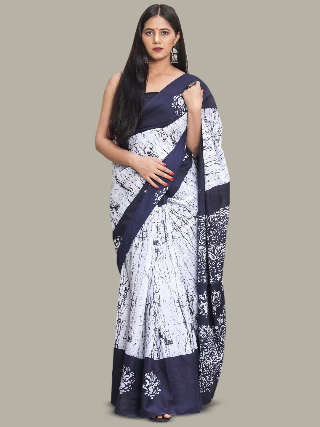 

KALINI Abstract Printed Pure Cotton Saree, Navy blue
