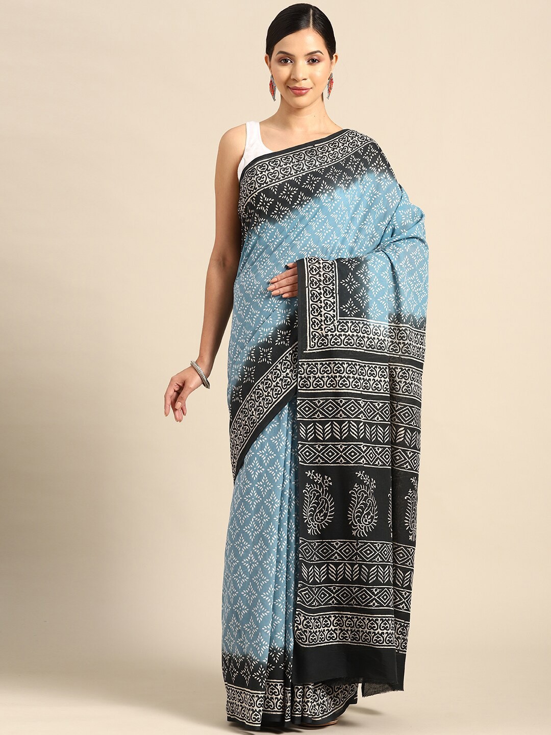 

KALINI Ethnic Motifs Printed Pure Cotton Saree, Blue