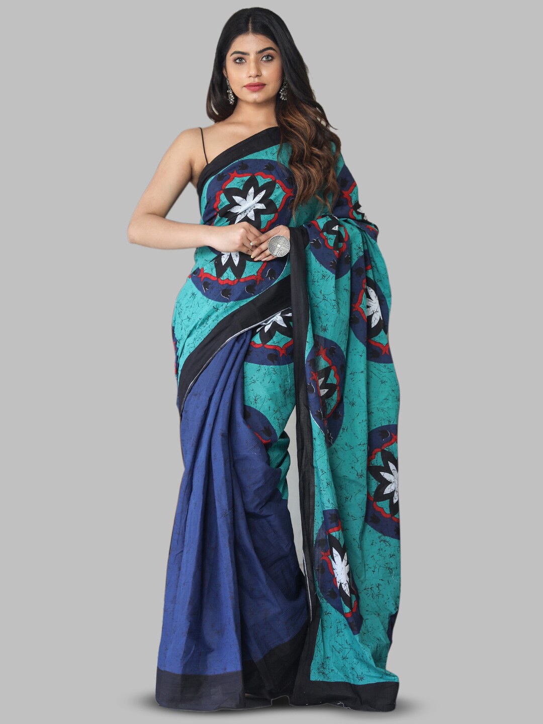 

KALINI Ethnic Motifs Printed Pure Cotton Saree, Teal