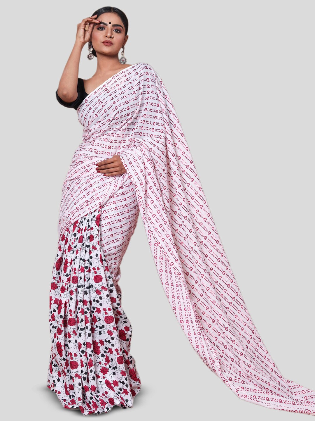 

KALINI Floral Printed Half & Half Pure Cotton Saree, White