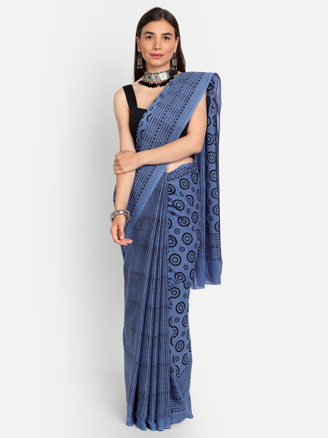 

KALINI Geometric Printed Pure Cotton Saree, Blue