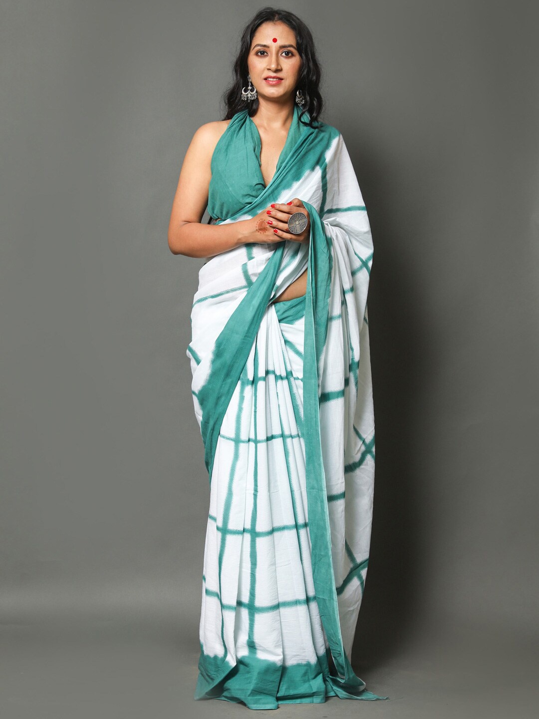 

KALINI Checked Pure Cotton Saree, Teal