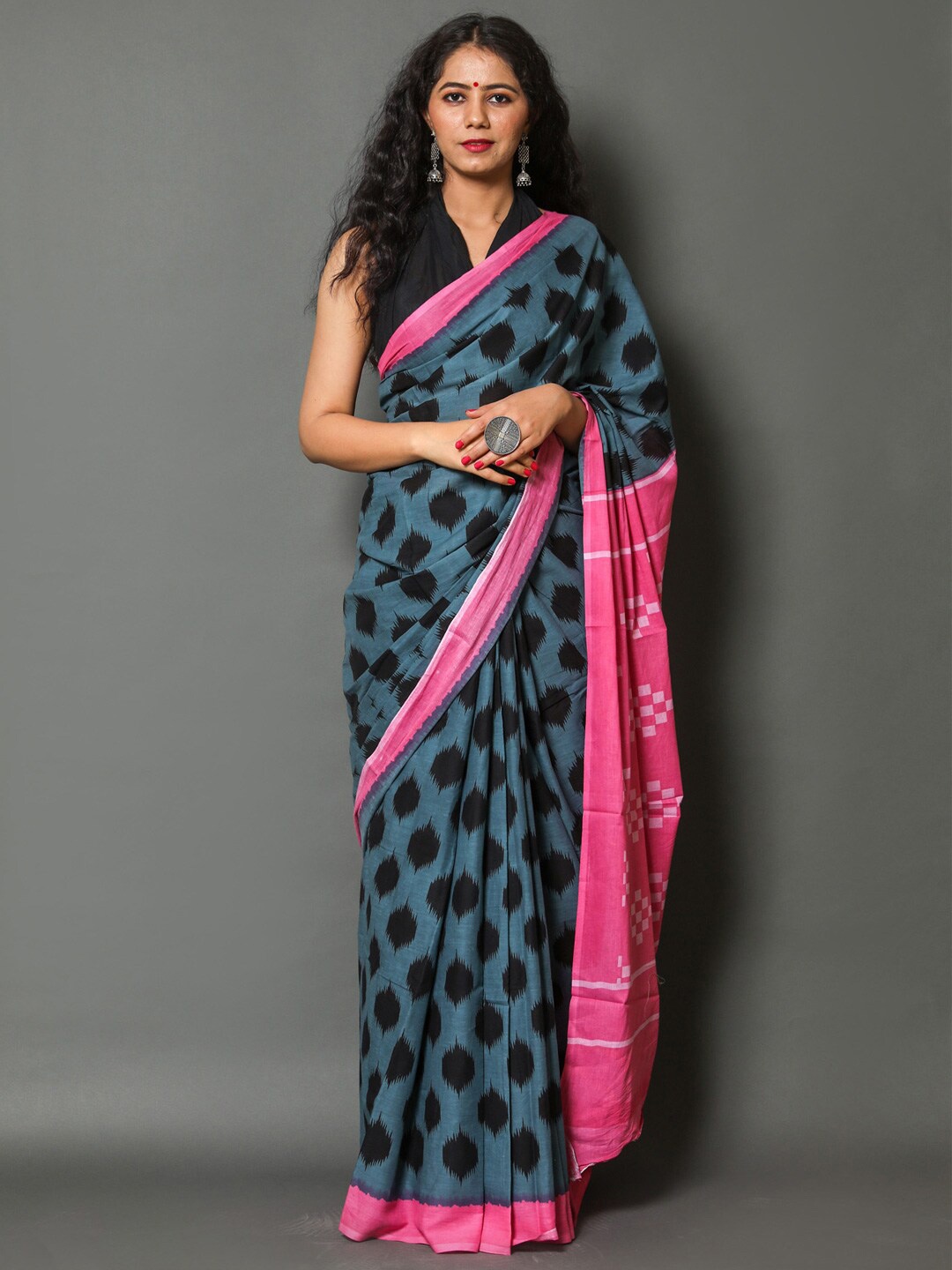 

KALINI Ethnic Motifs Printed Pure Cotton Saree, Grey