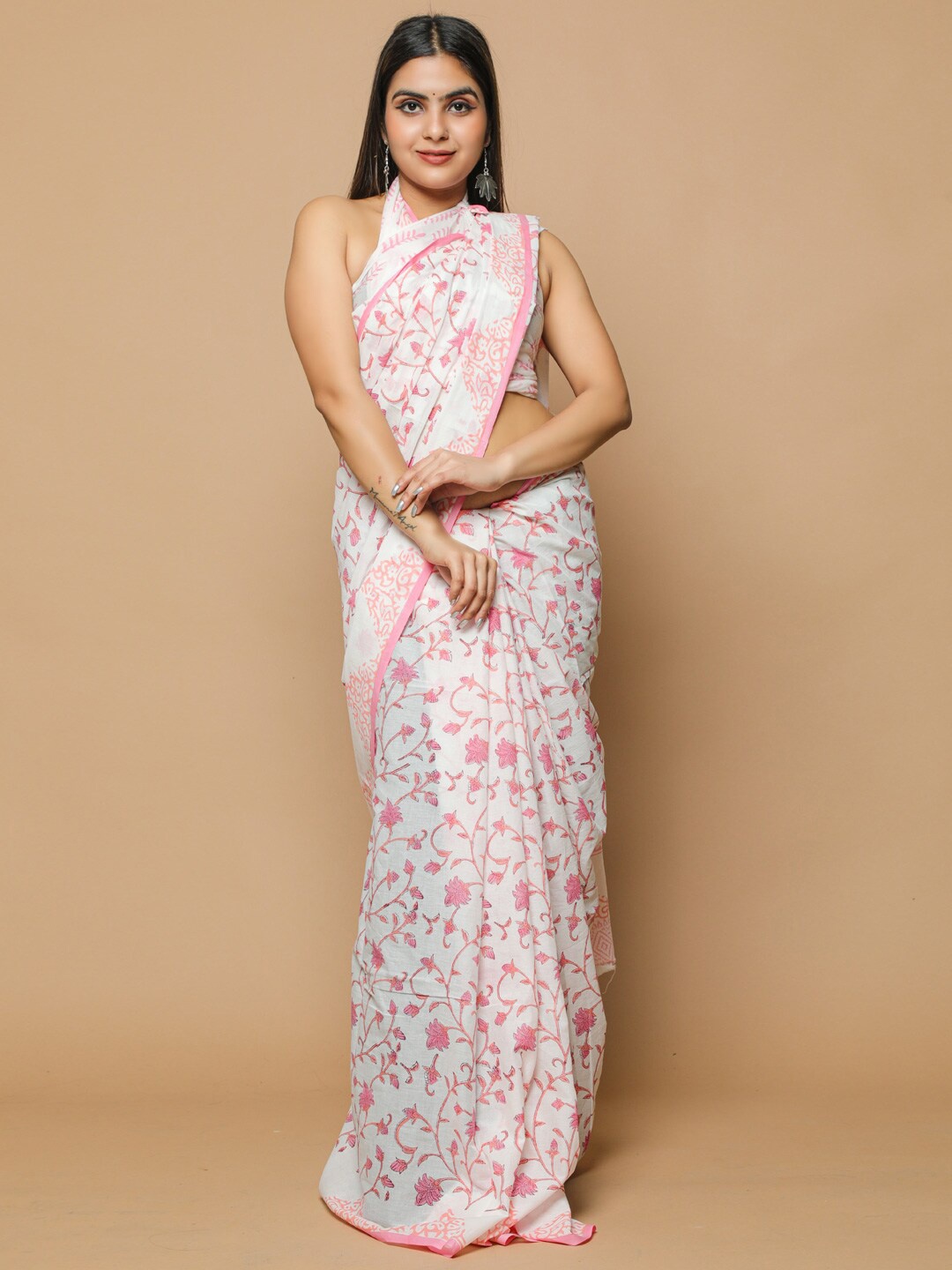

KALINI Floral Printed Pure Cotton Saree, Pink