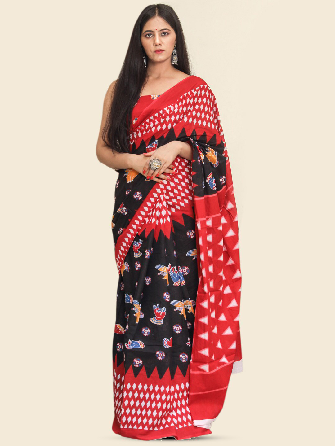 

KALINI Ethnic Motifs Printed Pure Cotton Saree, Red