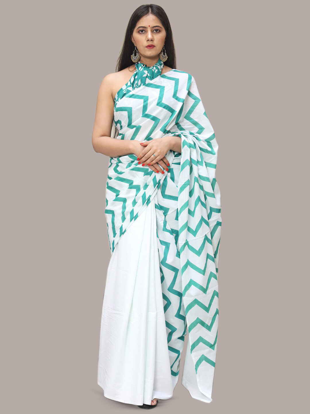 

KALINI Geometric Printed Pure Cotton Saree, White